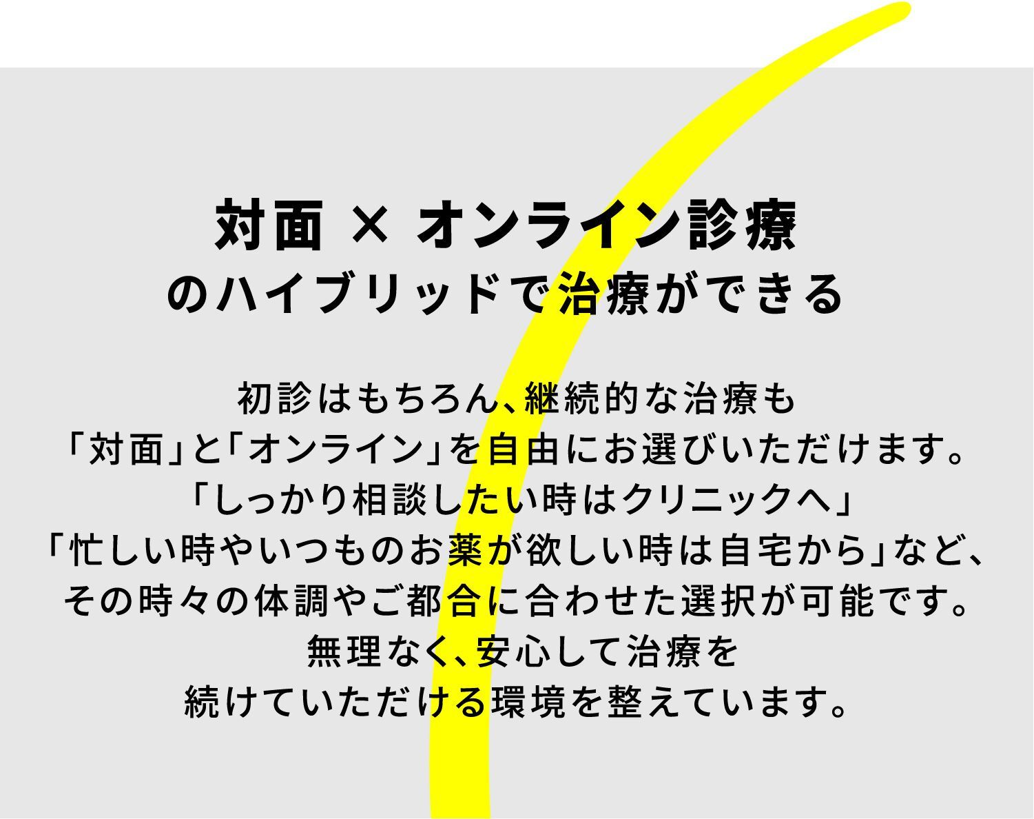 対面×オンライン診療のハイブリッドで治療ができる 初診はもちろん、継続的な治療も「対面」と「オンライン」を自由にお選びいただけます。